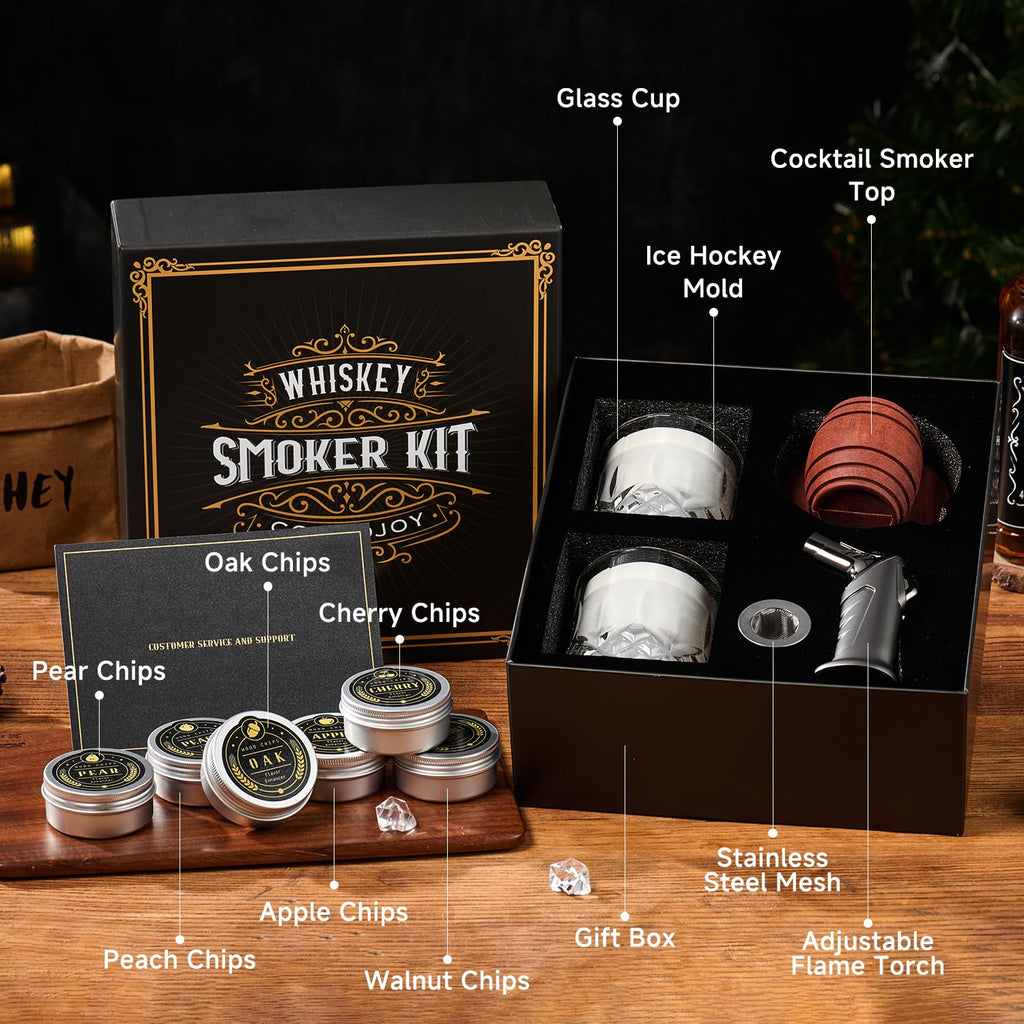 ComboJoy Whiskey Smoker Kit with Torch - 6 Flavors Wood Chips, 2 Glasses, 2 Ice Ball Molds - Cocktail Smoker Infuser Kit, Old Fashioned Drink Smoker Kit, Birthday Bourbon Gifts for Men,Dad(NO Butane)