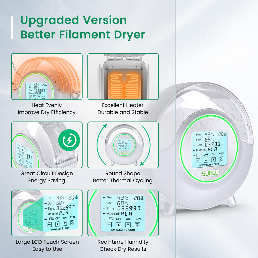 SUNLU Official Filament Dryer S2 Plus, 70℃ Max Temperature, Built-in Circulation Fan, 3D Printer Filament Storage Box Filament Dehydrator, Nylon TPU PLA PETG ABS 3D Printer Filament Dryer Box, White