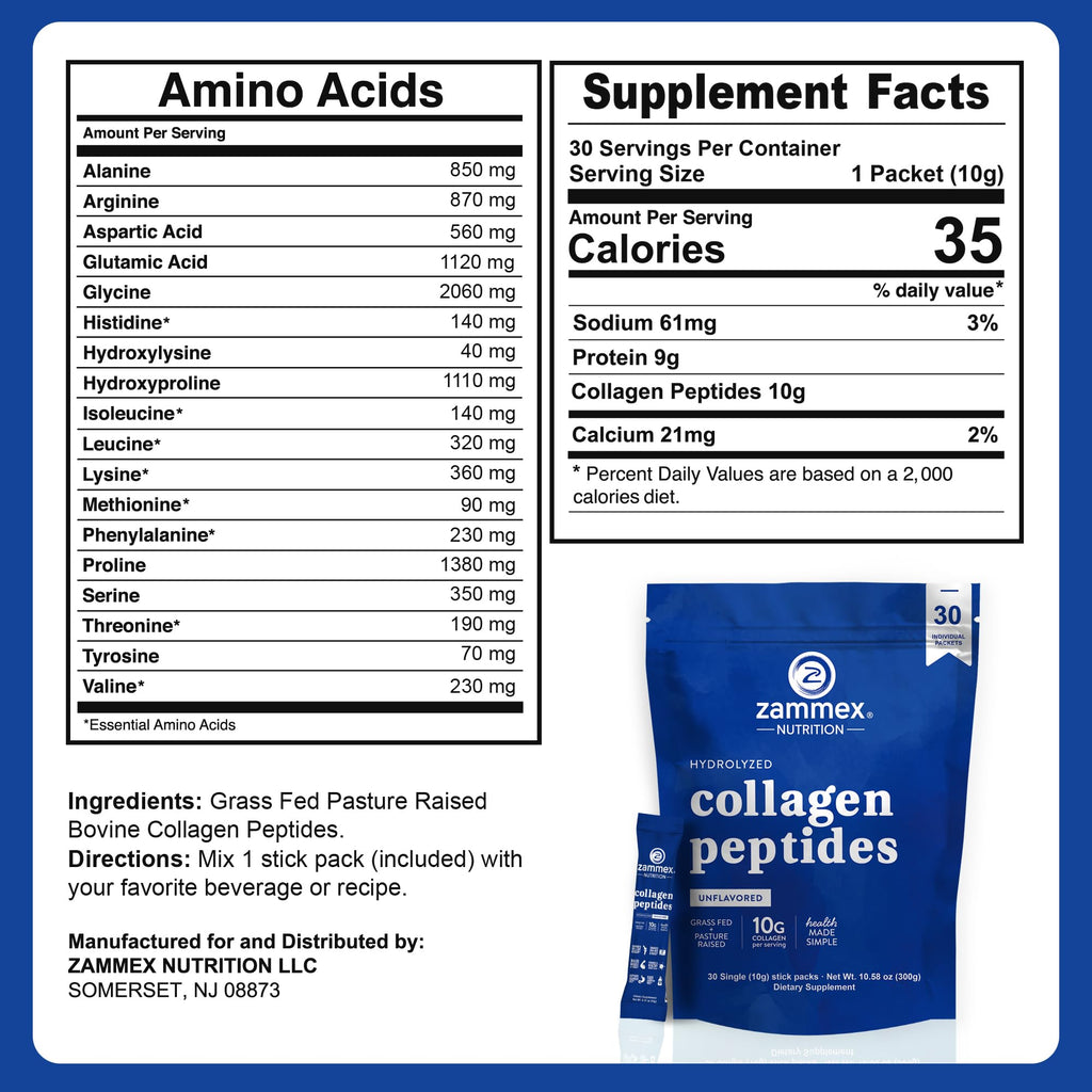 Premium Collagen Peptides Powder, 30 Sticks Travel Packets(Type I, III), Unflavored Collagen Protein Powder to Go, Hydrolyzed Collagen Peptides for Skin Hair Nail Joint, 10g per Serving, Paleo & Keto