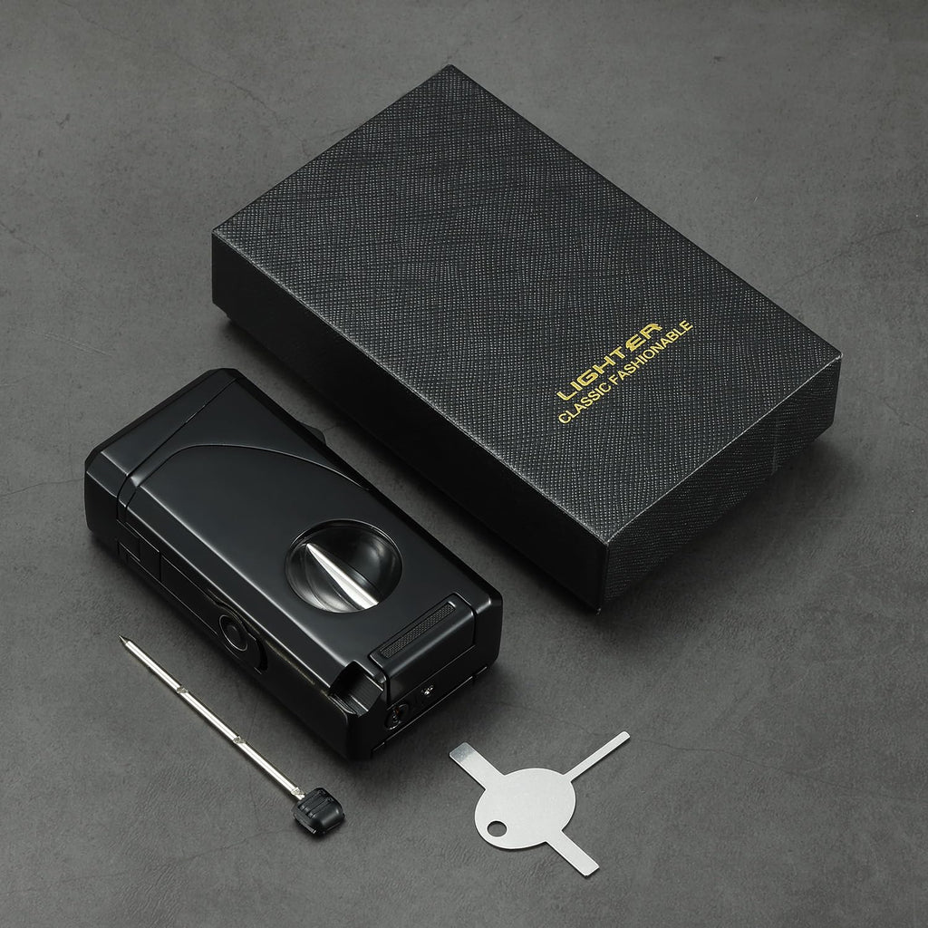 All in One Triple Jet Flame Butane Torch Lighter Built-in Cutter, Cutter V Cut, Punch, Holder Function, Draw Enhancer Tool, Refillable and Adjustable Windproof Lighter. Black(Sold Without Gas)