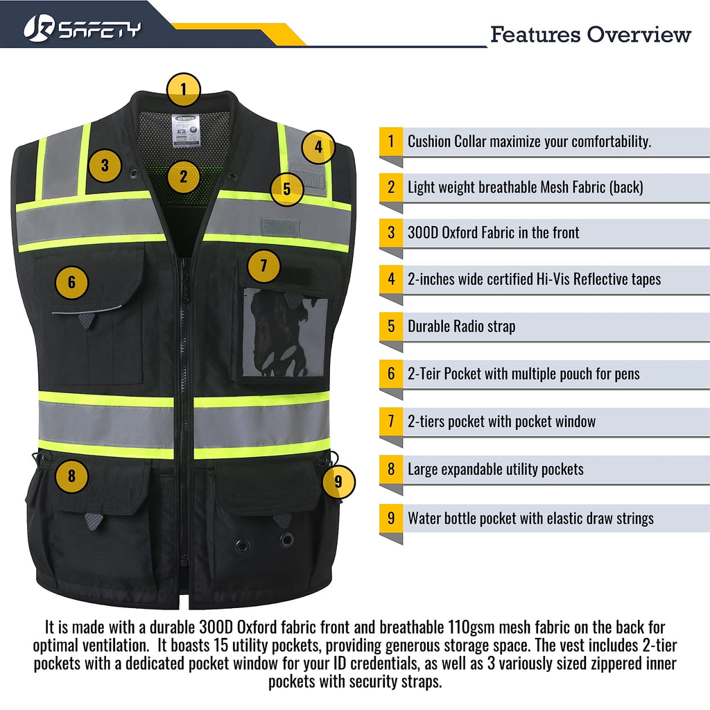 JKSafety Hi-Vis Black Surveyor Safety Vest for Men Women High Visibility Reflective Construction Vest Mesh Cushioned Collar Heavy Duty PPE Inner Pockets ANSI/ISEA Compliant(188-Black L)