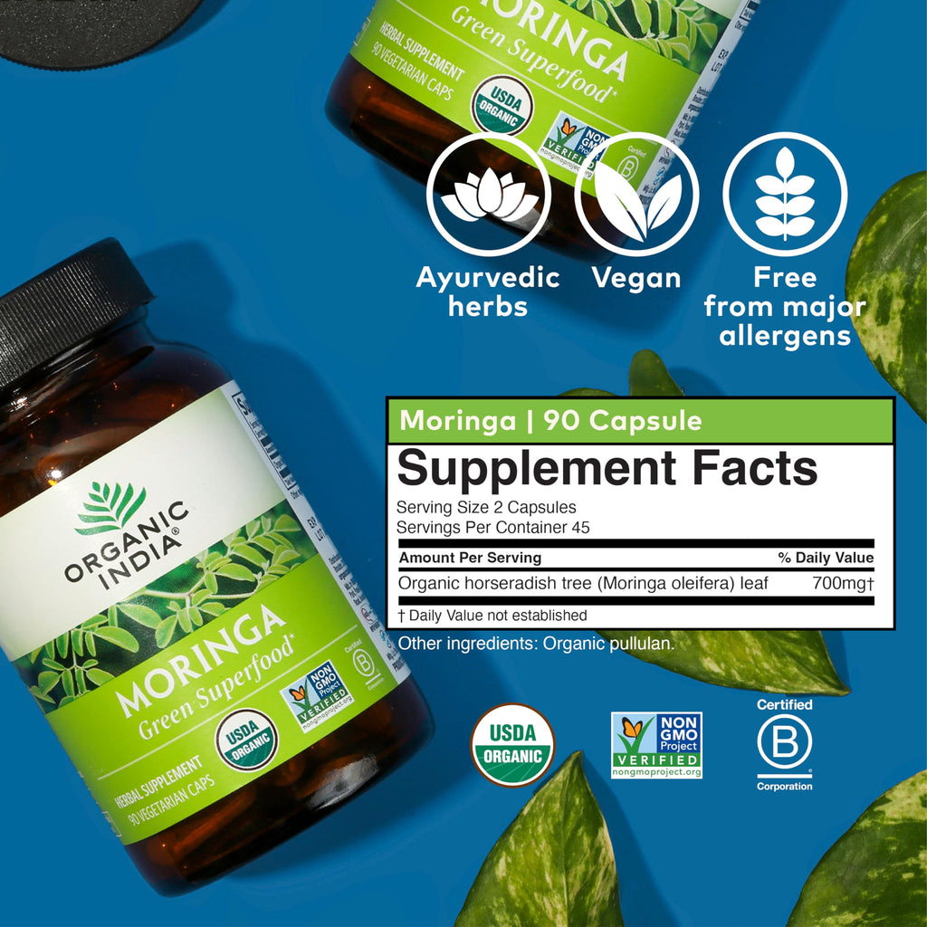 ORGANIC INDIA Moringa Herbal Supplement - Green Superfood, Nutrient Dense, Pure Plant Protein, Vitamin A, E, K, Iron, Calcium, Fiber, Vegan, Gluten-Free, USDA Certified Organic - 90 Capsules