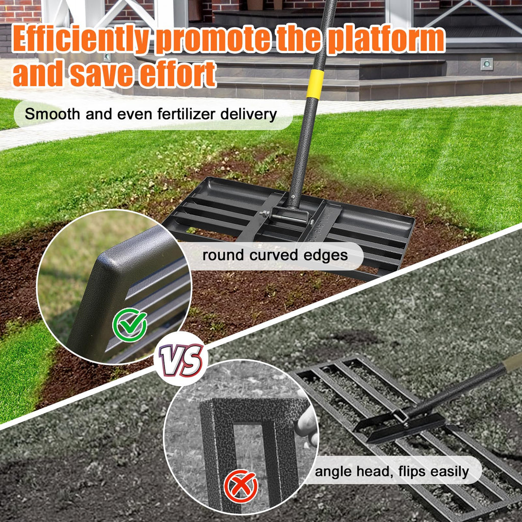 Lawn Leveling Rake, 60 Inch Adjustable Long Handle Leveling Rake, Black Heavy Duty & 1 Inch Diameter Stainless Steel Handle Lawn Rakes, Lawn Leveler Tool for Soil Grass Golf Field Yard