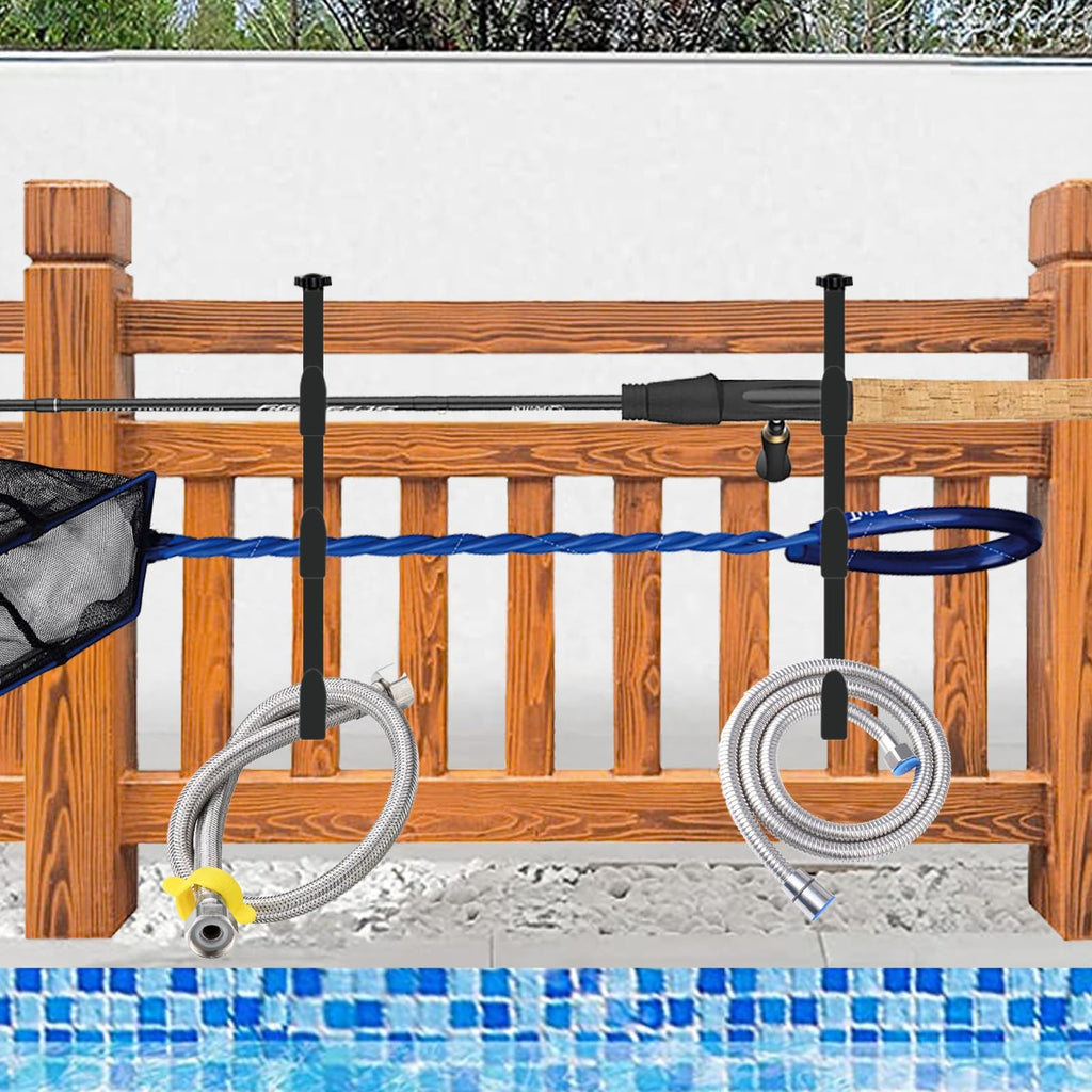 ECcandiedhaws 2Pcs Black Pool Pole Hangers, Adjustable Heavy Duty Swimming Pool Fence Hooks for Pool Equipment, Skimmers, Leaf Rakes, Nets, Brushes, Vacuum Hose, Garden Tool Organizer