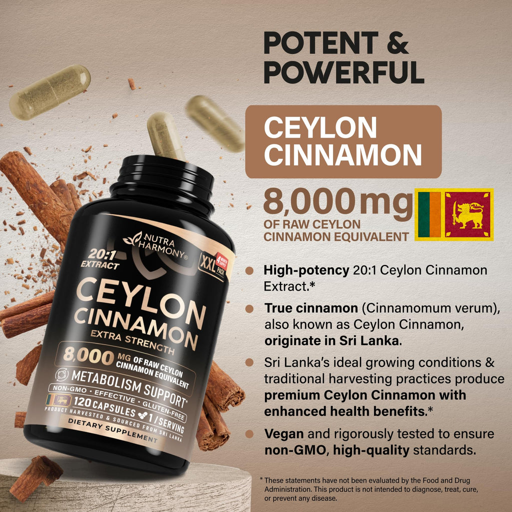 Ceylon Cinnamon Capsules - Extra Strength - Energy, Heart & Metabolism Support - for Men & Women - Pure Natural Extract 20:1 Supplement - Made in USA - GMO & Gluten Free, 120 Capsules, 4 Month Supply