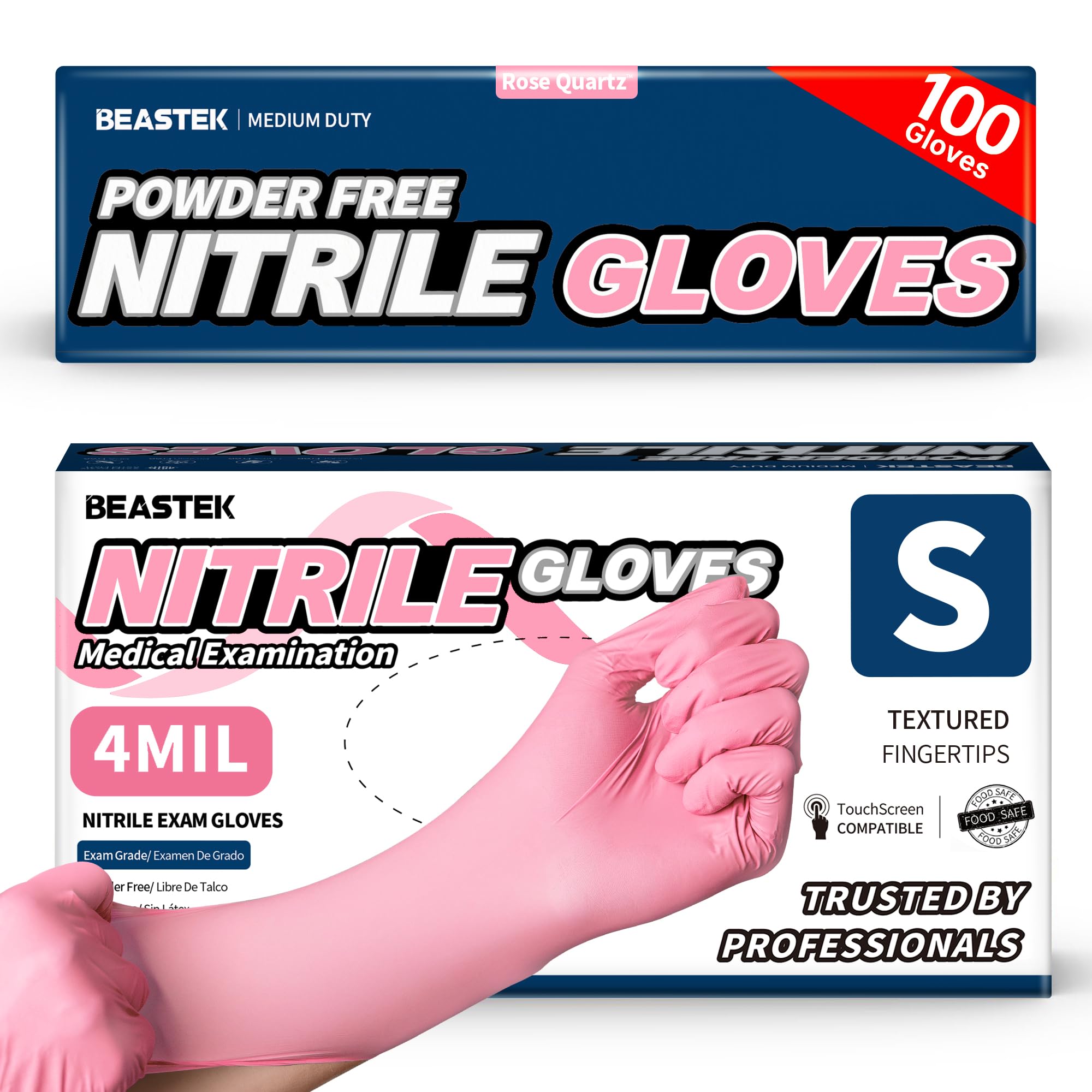 BEASTEK Nitrile Disposable Gloves, 4 mil Powder-Free Latex-Free Medical Food Grade Cleaning Esthetician Glove, 100 Pcs (Small)