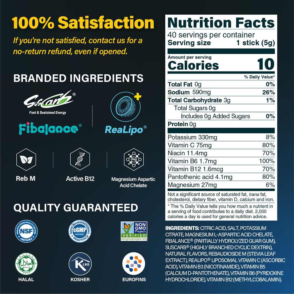 ZestLytes 40 Sticks Salty Lemon Sugar Free Electrolyte Hydration Packets, High Sodium Low Calorie Electrolyte Powder Drink Mix, Liquid Daily IV Flavor, 2 Hydration Factors