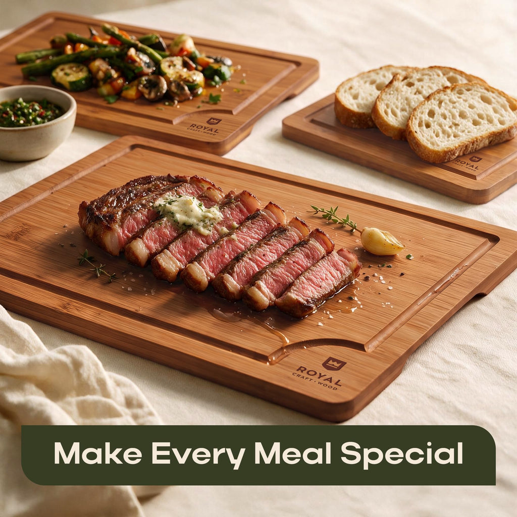 ROYAL CRAFT WOOD Wooden Cutting Boards for Kitchen Appliances - Non Toxic Bamboo Wood Cutting Board Set with Deep Juice Groove, Side Handles, Charcuterie & Butcher Block for Meat, Meal Prep & Serving