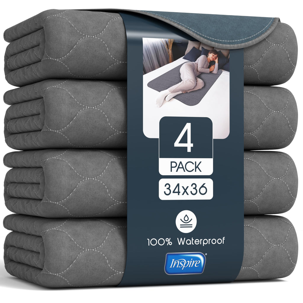Inspire Underpads | Stain Hiding Gray Reusable Incontinence Bed Pads | Waterproof Mattress Pad | for Adults Babies and Dogs (34 X 36 - 4 Pack)