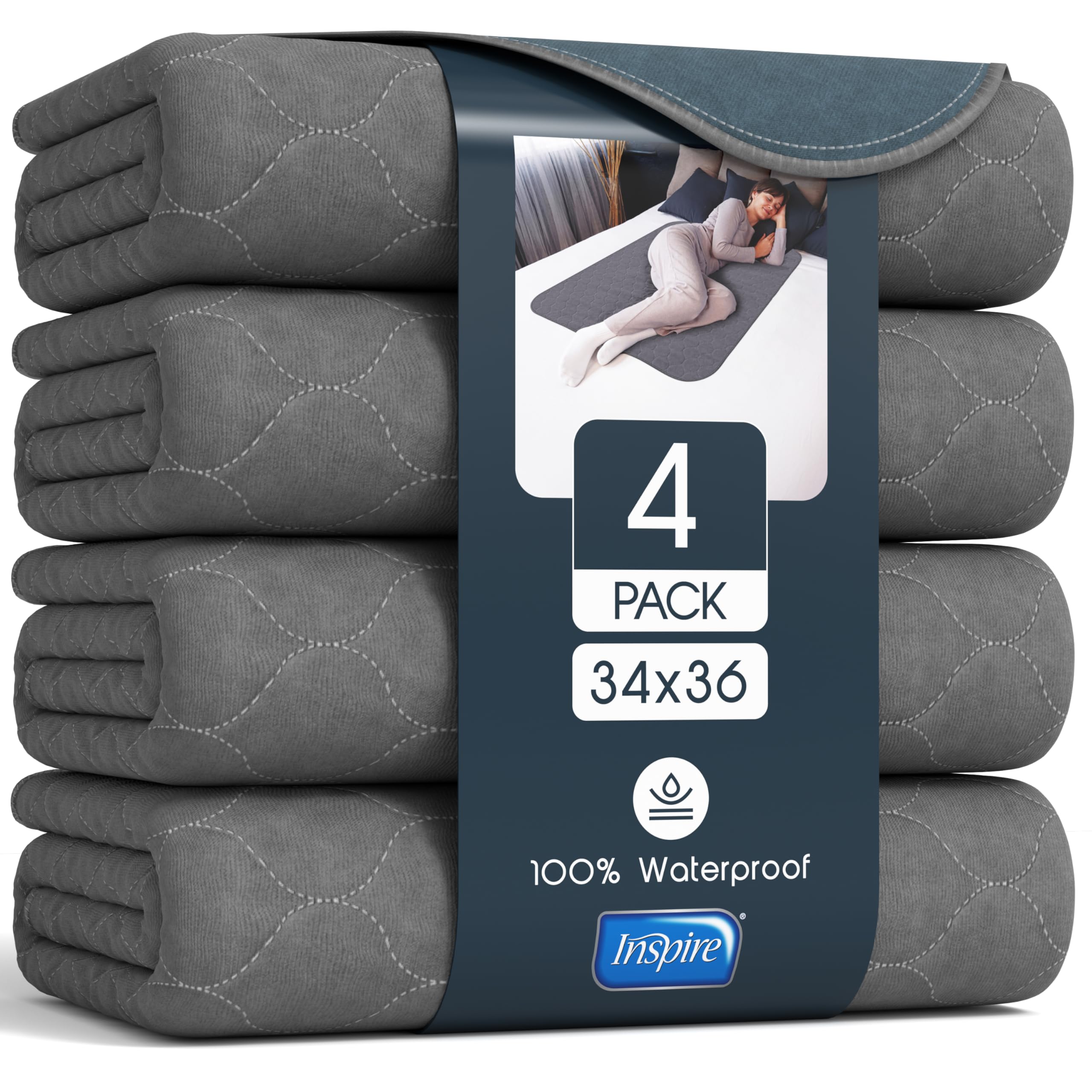 Inspire Underpads | Stain Hiding Gray Reusable Incontinence Bed Pads | Waterproof Mattress Pad | for Adults Babies and Dogs (34 X 36 - 4 Pack)