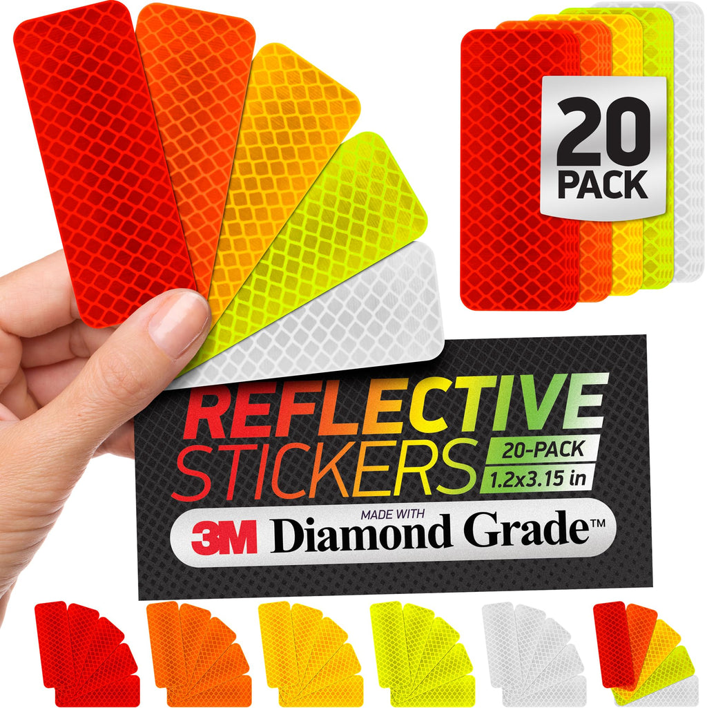 Byllstore Reflective Safety Tape Stickers | 3M Diamond Grade | Mixed Colors | 1.2″ x 3.15″ | 20-Pack | Safety Warning Tape for Helmets, Cars, Mailboxes & More