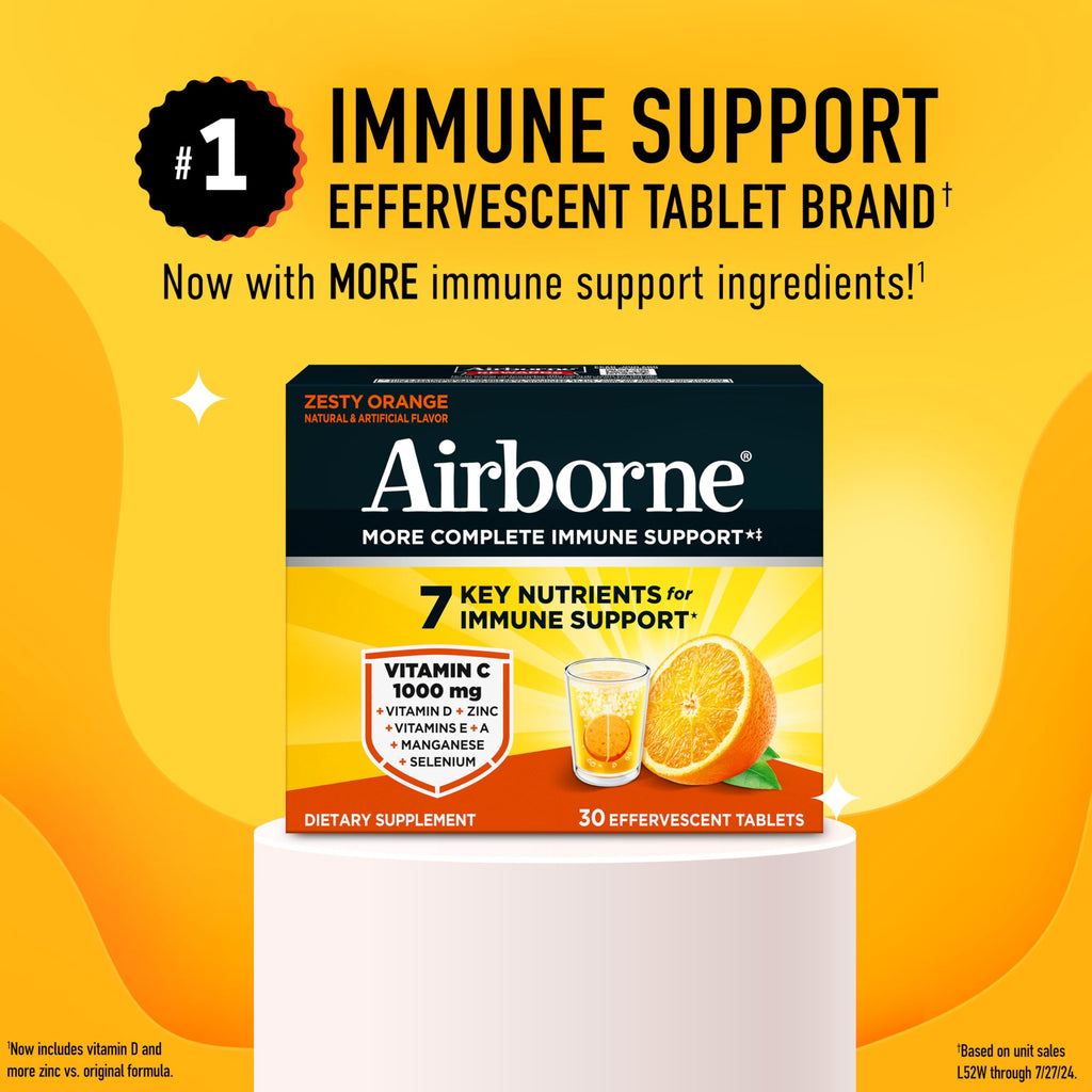 Airborne 1000mg Vitamin C with Vitamin D & Zinc, Sugar Free Multivitamin Immune Support Supplement, Antioxidants Vitamins A C & Vitamin E, 30 Effervescent Tablets, Zesty Orange Flavor