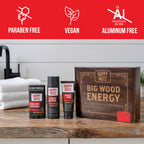 HAPPY NUTS Mens Gift Hygiene Kit - Big Wood Energy Box Men's Gift - Whole Body Deodorant, Moisturizing Body Wash, Anti-Chafing Comfort Cream - Body & Shower Gift Set Self Care For His Total Package