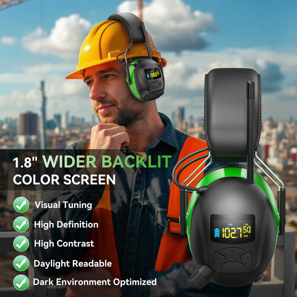 2025 AM/FM Radio Ear Protection Headphones with Backlit Digital Display, 120H Working Time, Rechargeable Hearing Protector, 30dB Noise Reduction Safety Earmuffs for Mowing, Construction, Work, Green