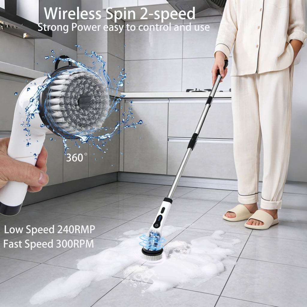 Electric Spin Scrubber Shower Cleaner Brush Cordless Power Cleaning 8 Brush Heads Extendable Handle 3 Adjustable 2 Speeds IPX7 Waterproof for Bathroom Kitchen