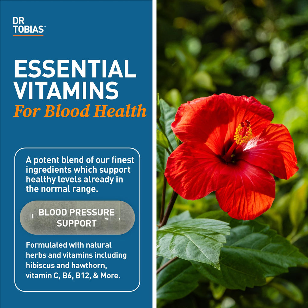 Dr. Tobias Blood Pressure Support Supplement with Hawthorn, Hibiscus Flower, Olive Leaf & Garlic, Supports Normal Circulatory Health with Vitamins C, B6, B12, Niacin, Folate & Herbs, 90 Capsules