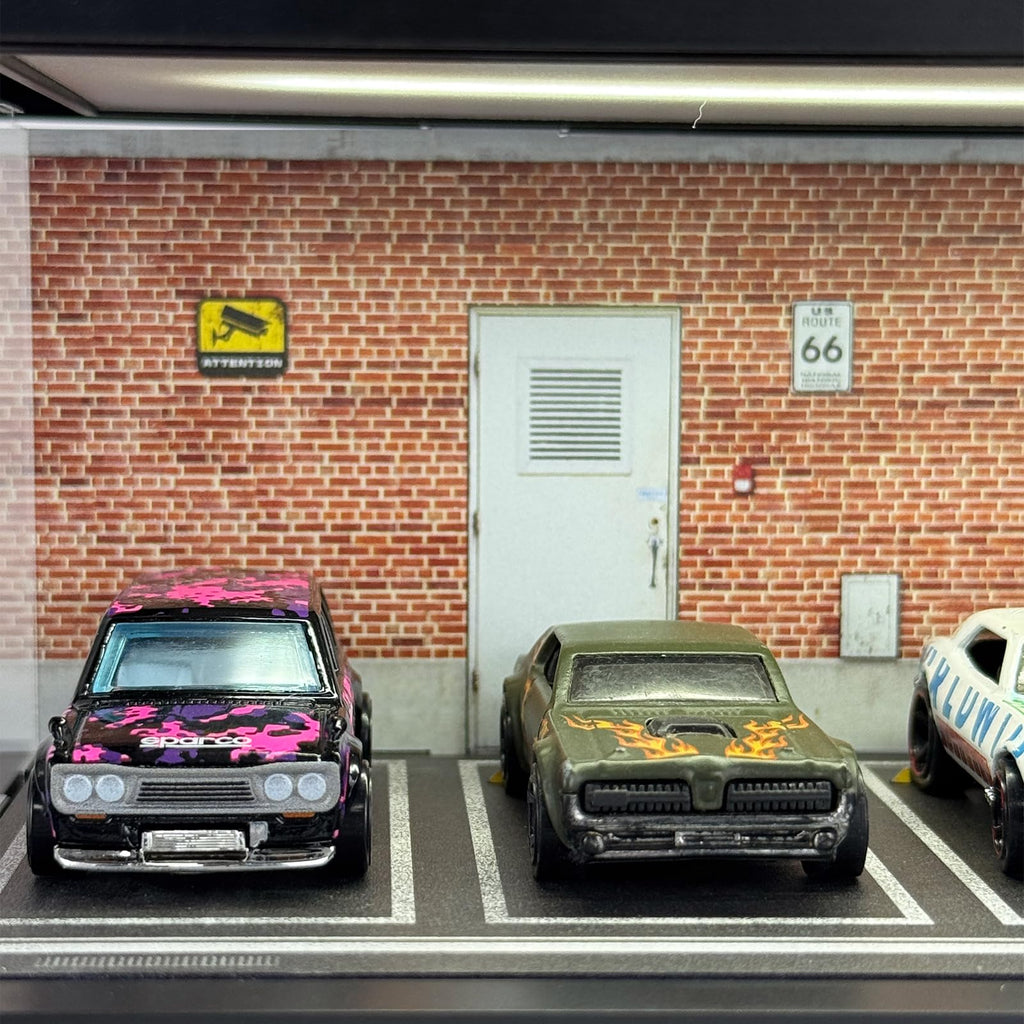 Bivitre 1/64 Model Car Display Case - Compatible with Hot Wheels Matchbox Mini GT Diecast Cars,Acrylic Box for Toy Cars Display Décor and Storage,Stackable Garage Diorama with LED Lights(1T-RedBrick)