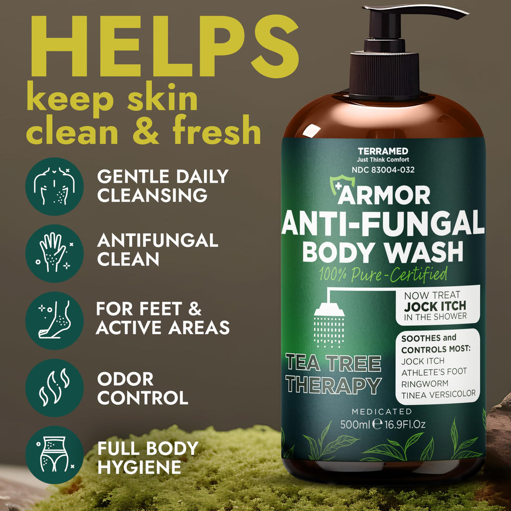 Antifungal Body Wash with Tea Tree Oil | Antifungal Soap for Back Acne,Treats Ringworm, Eczema & Jock Itch | Antifungal Body Soap For Men And Women | Includes Silicon Scrubber (16.9 oz)