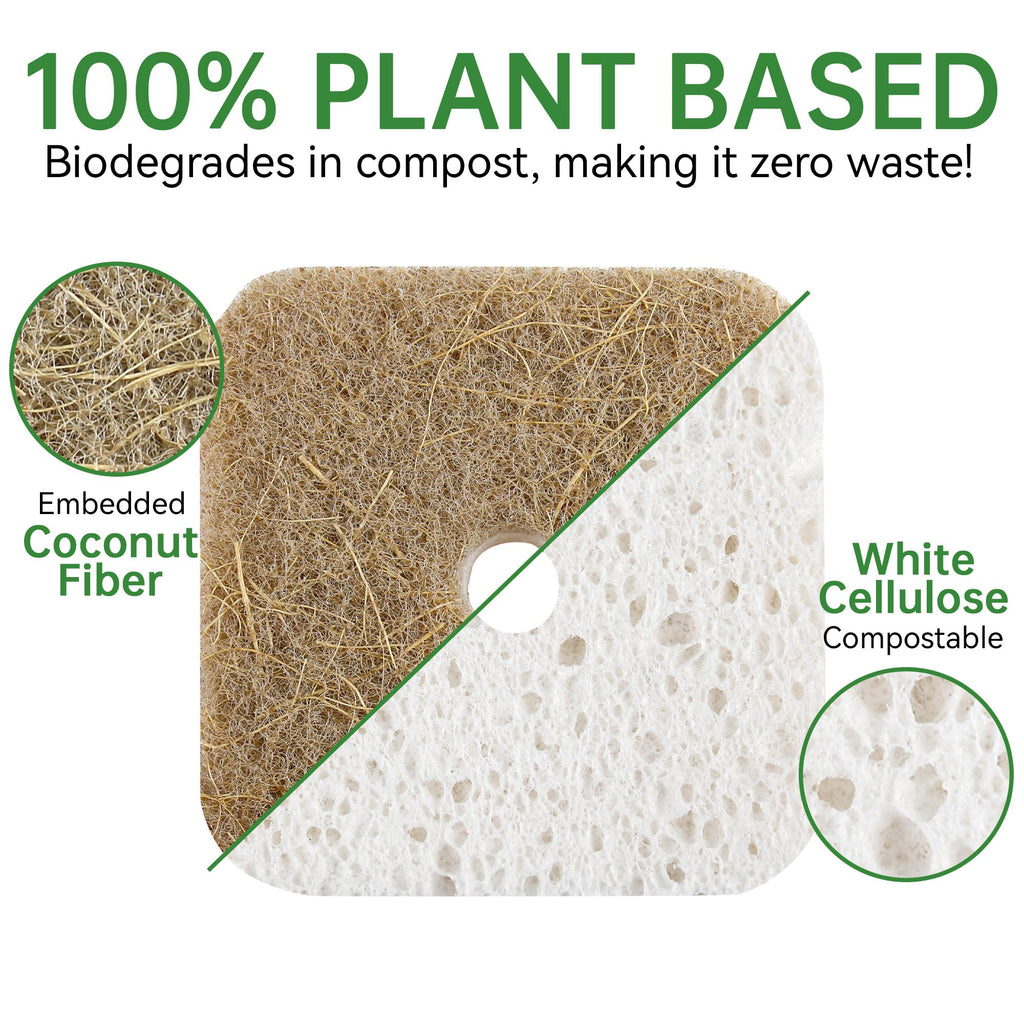 16 Pack Biodegradable Natural Kitchen Sponges, Compostable Cellulose & Coconut Square Scrubber, Dual Sided Dish Sponge for Washing Dishes, Eco Friendly