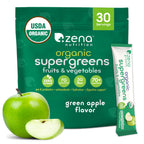 Zena Nutrition Organic Super Greens Powder, 70+ Superfoods, 0 Sugar, 3g Fiber, Spirulina, Chlorella, Mushrooms, Prebiotics/Probiotics, Digestive Enzymes, Gut Health, Green Apple, 30 Drink Mix Packets