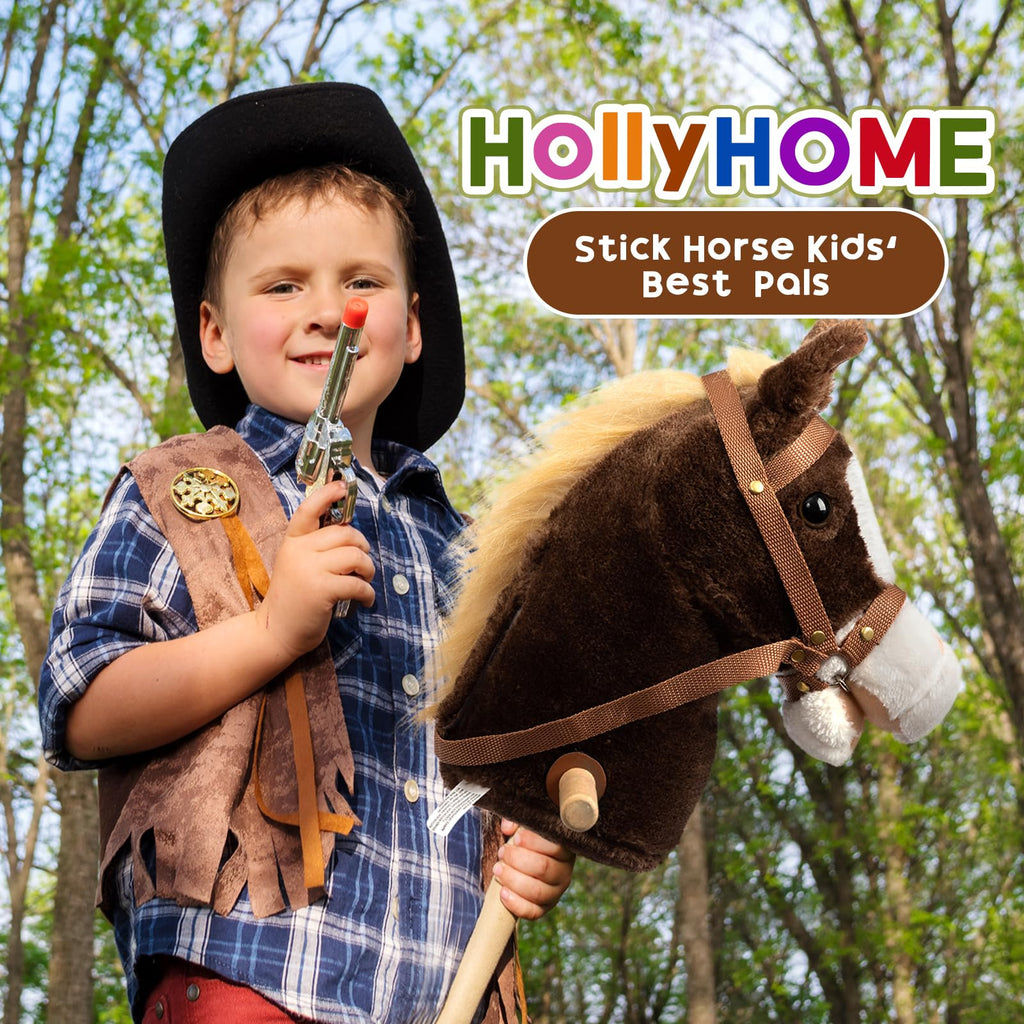 HollyHOME Stick Horse Plush Handcrafted Hobby Horse on a Stick with Wood Wheels Real Pony Neighing and Galloping Sounds for Kids Toddlers Chocolate 36 Inches(AA Batteries Required)
