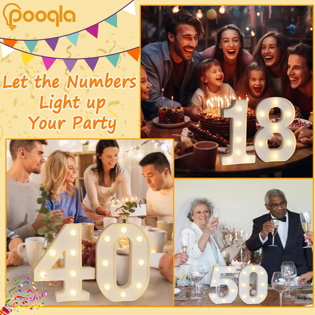 Pooqla Decorative Led Light Up Number Letters, White Plastic Marquee Number Lights Sign 16th Birthday Decorations for Girls Boys Party Wedding Decor Battery Operated Number (16)