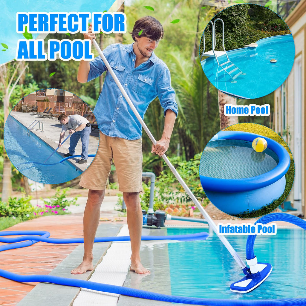 Innconee 3 Pcs Pool Vacuum Kits Include 11.8" Vacuum Head with 47" Adjustable Pole with 1-1/2" x 18ft Long Hoses Flexible Head with Wheels for Above Ground Inground Pond Spa Hot Tub