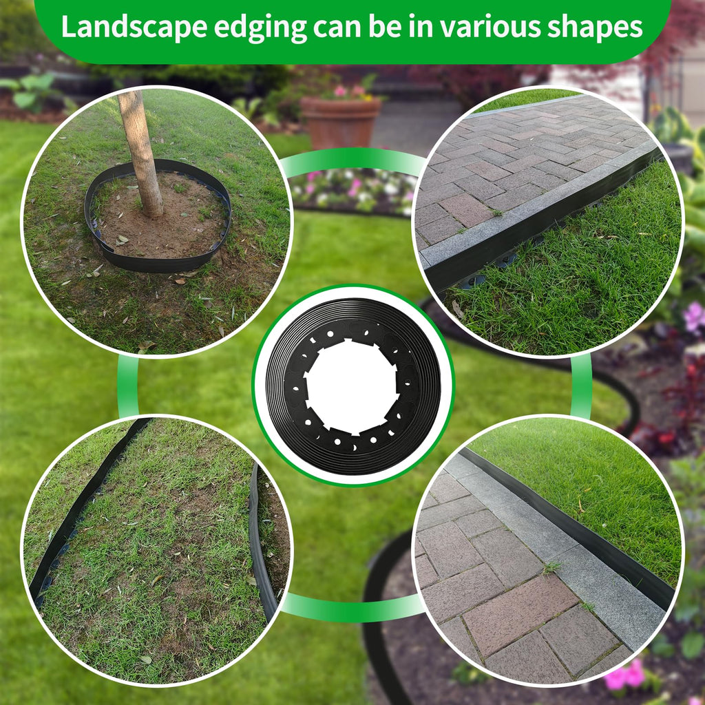 Landscape Garden Edging Kit with 60 Spikes, 4In Tall 66FT Garden Edging Border for Garden, Flower Beds, and Lawn Easy Cutting (Black, 66ft)