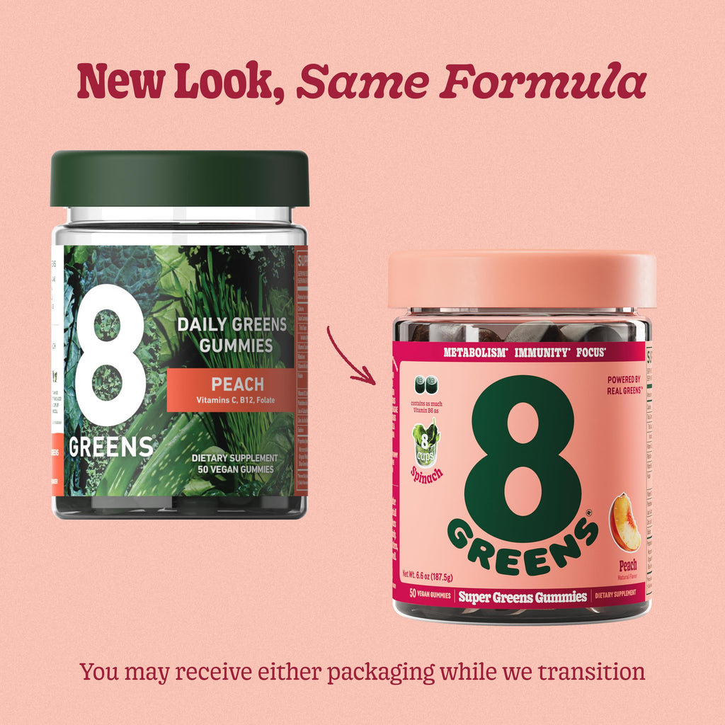 8Greens Supergreens Gummies | Super Greens Powder Superfood Gummy for Metabolism, Immunity & Focus, Digestive Health Enzymes, Organic: Chlorella, Spirulina, Aloe Vera, Peach Flavor, 150 Count