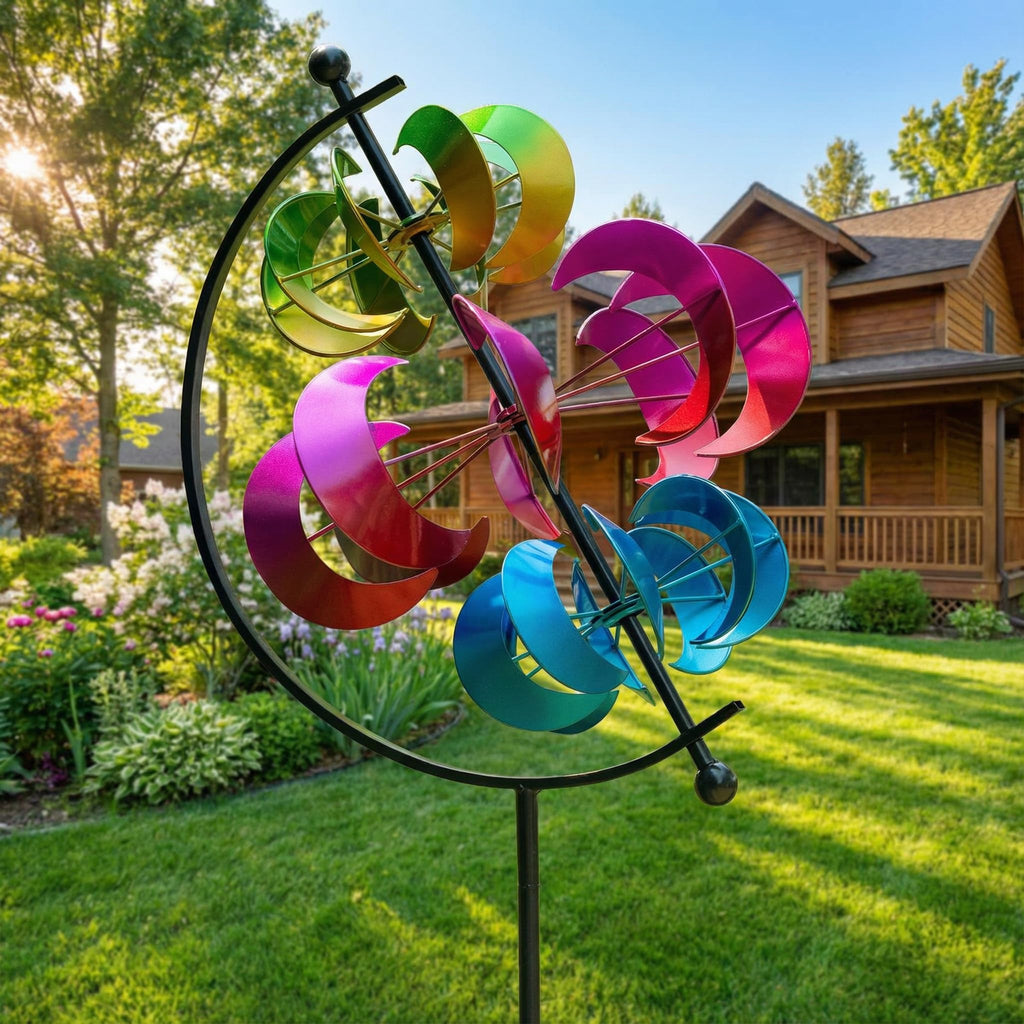 Large Kinetic Solar Wind Spinner Outdoor Metal 3D Yard Art with Stake