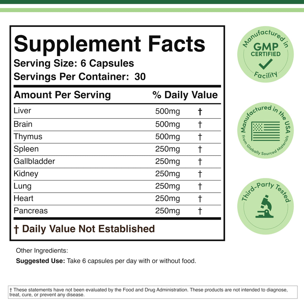 Grass Fed Beef Organ Complex (3,000mg per Serving, 180 Capsules, 1 Month Supply) Supplement for Digestion, Immune Health, Energy, and Wellness by Double Wood