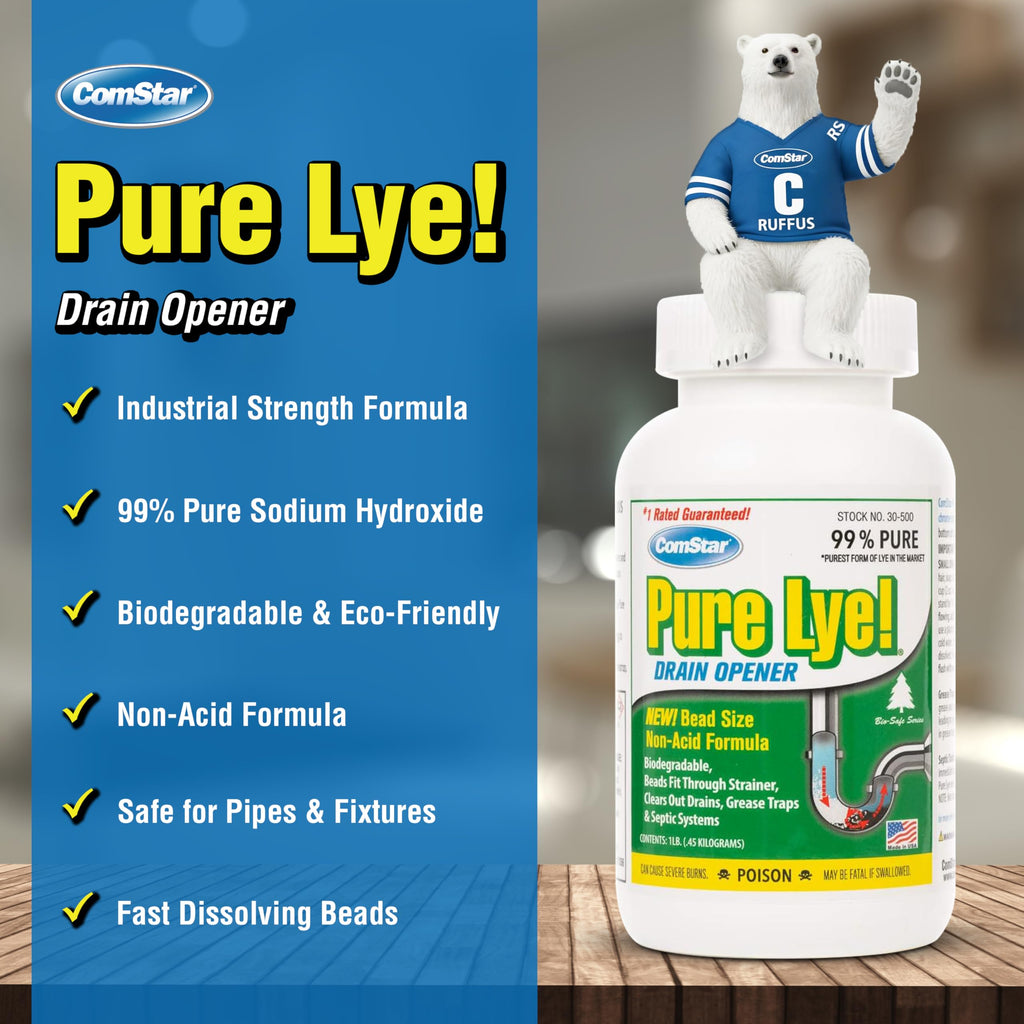 ComStar Pure Lye 400 Pound - Unique Sodium Hydroxide Beads | Drain Opener & Soap Making | Biodegradable, Eco-Friendly (30-502)