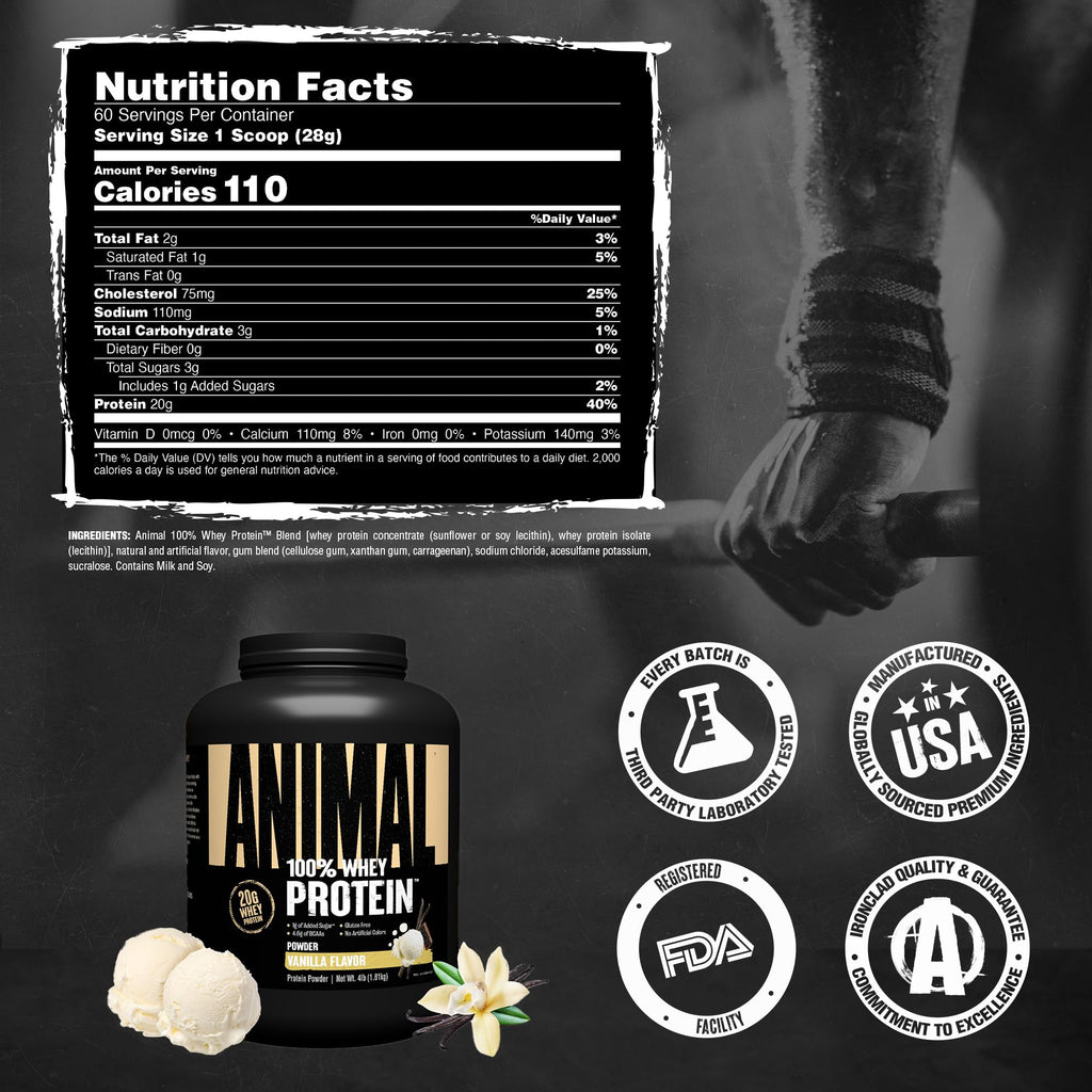 Animal 100% Whey Protein Powder – Whey Blend for Pre Workout or Post Workout, Recovery, or an Anytime Low Sugar Protein Boost Meal Replacement with BCAA Branched Chain Amino Acids – Vanilla, 4 lb