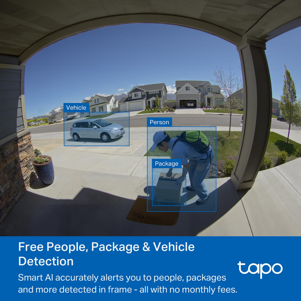 Tapo 2K+ Wired or Battery Powered Smart Video Doorbell with Chime - 180° Field of View, Person/Vehicle/Package Detection, Ring Call, 2-Way Audio, Subscription-Free Local Storage or Optional Cloud,D225