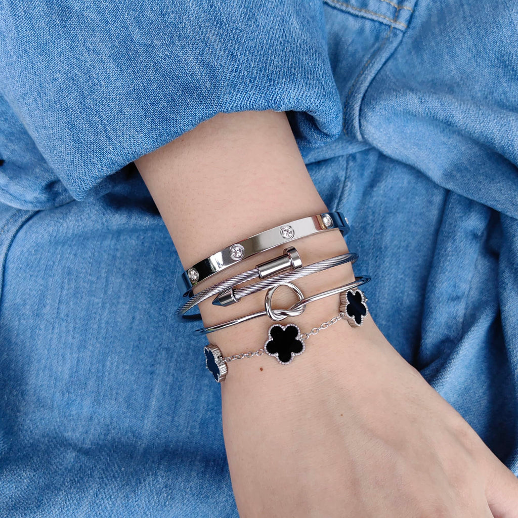 MAOCEN Womens 4Pcs Stackable Floral Gold Bracelets Stainless Steel Bangle Bracelets Non Tarnish Silver Set Trendy Jewelry Gifts for Womens (Silver and Black, Medium 6.5in)