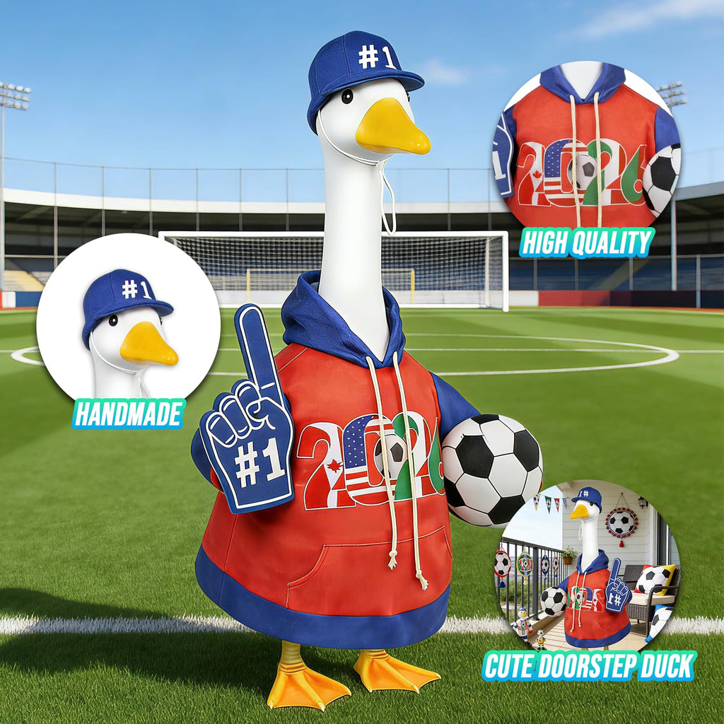 APHIUFR Soccer Themed Porch Goose Outfits,2 Pcs Adorable Goose Clothes Set with Hat,Ball & Foam Finger,Fits 23" Lawn Goose Statue Game Day Goose Costume for Garden Patio Yard Outdoor Decor