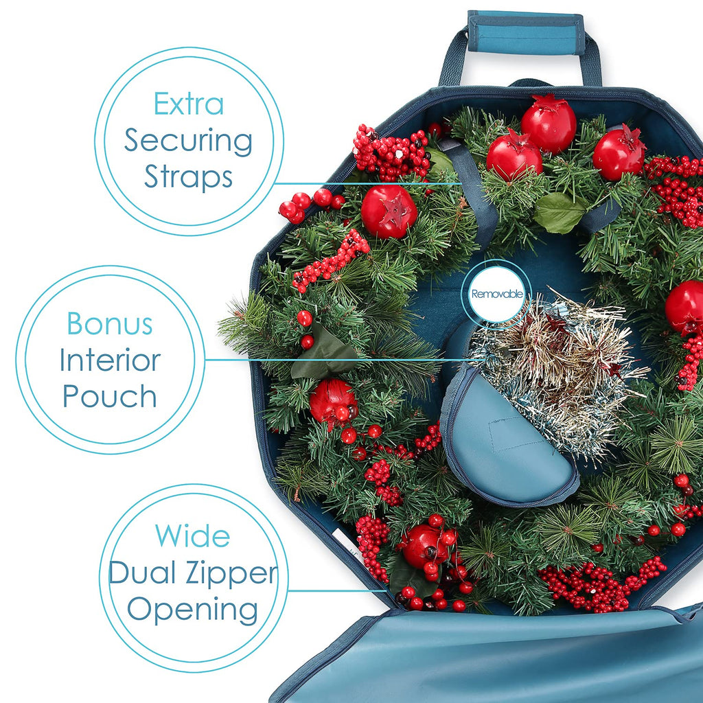Hearth & Harbor Wreath Storage Container - Hard Shell Christmas Wreath Storage Bag with Interior Pockets, Dual Zipper and Handles - 30"