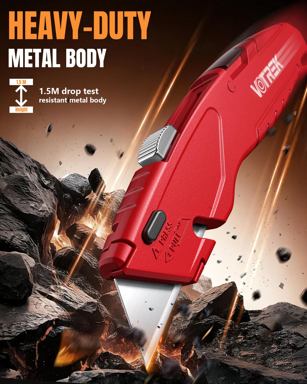 VOTREK Utility Knife Set | Retractable Box Cutter with【Blade Storage】| All Metal Heavy-Duty Cutting for Cardboard, Carpet, Plastic | Includes Razor Knives 2Pack & Extra Quick Change Replacement Blades