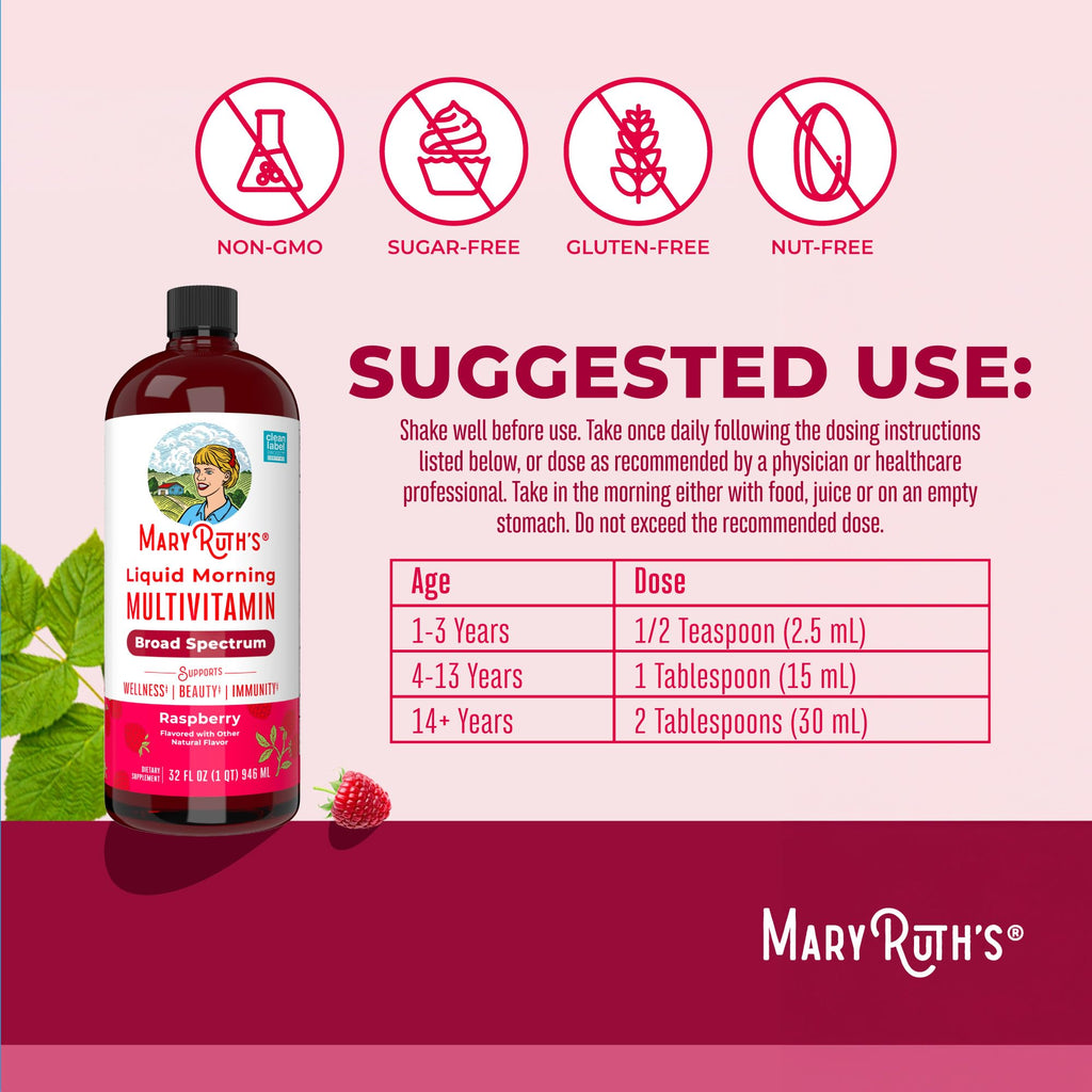 MARYRUTH'S Liquid Morning Multivitamin for Women, Men & Kids | Vitamin A C D E B6 B12 Biotin Zinc | Beauty | Vegan | Non-GMO | Gluten Free | 32 Servings