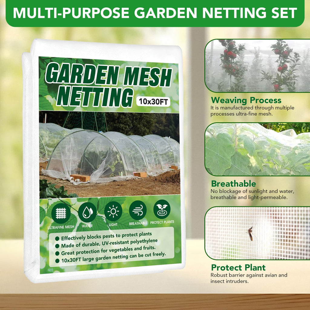 Garden Netting Kit for Raised Beds, 10x30FT Ultra Fine Mesh Netting ＆6 Sets Fiberglass Garden Hoops, Insect Netting for Garden Plant Row Cover Vegetable Flowers Protection Barrier