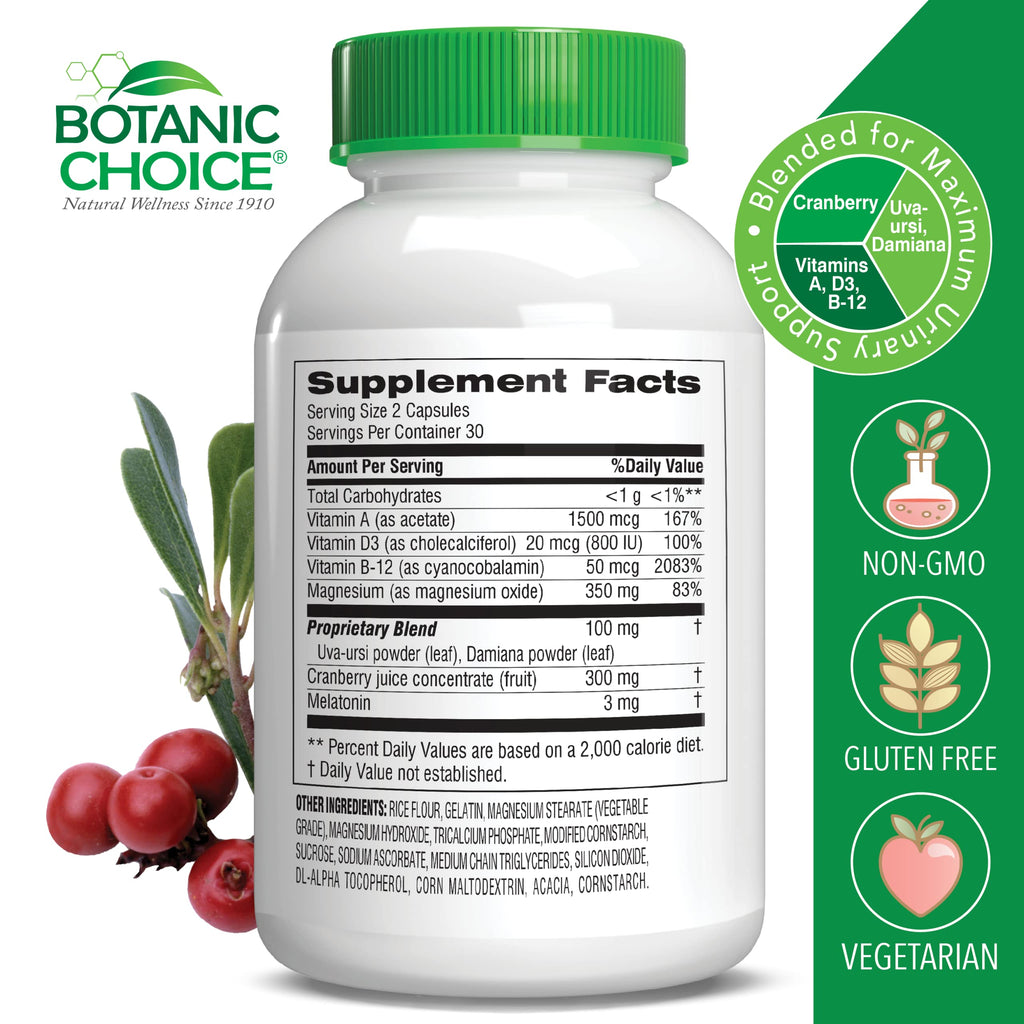 Botanic Choice Pro-Advanced Urinary Formula-Blend for Urinary Tract Health Support - Magnesium Cranberry Uva Ursi Damiana - 60 Capsules