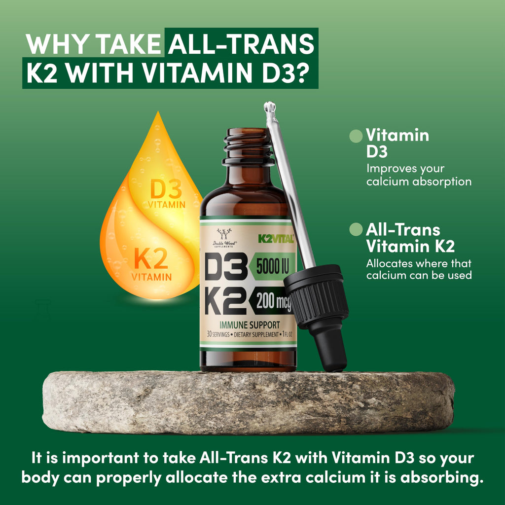 Vitamin D3 K2 5,000 IU Liquid Drops (5,000 IU of D3 and 200mcg of 99.9% All-Trans Patented K2 MK-7 (K2Vital)) Max Absorption Liquid Vitamin D Drops (30 Servings) by Double Wood (Pack of 2)