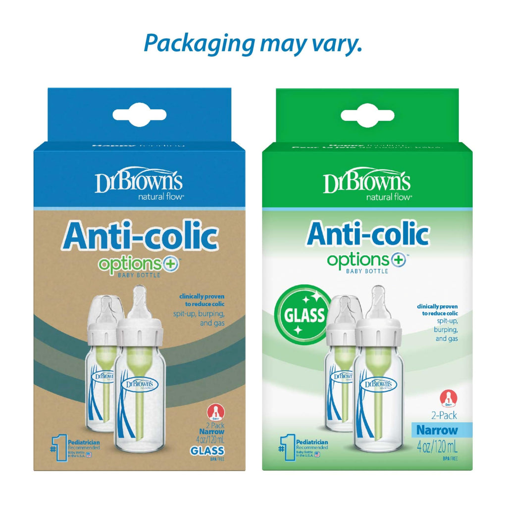 Dr. Brown's Anti-Colic Options+ Narrow Glass Baby Bottle, 4 oz/120 mL, with Level 1 Slow Flow Nipple, BPA-Free, 0m+, 2 Pack