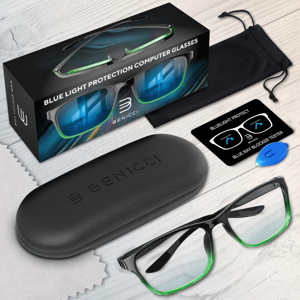 Benicci Stylish Blue Light Blocking Glasses for Women or Men - Ease Computer and Digital Eye Strain, Dry Eyes, Headaches and Blurry - Black Gradient Green