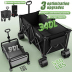 Beach Wagon Carts Foldable 580LBS Collapsible Wagon with Big All-Terrain Wheels for Sand 340L Heavy Duty Utility Carts with Cup Holders for Garden, Camping, Grocery, Black