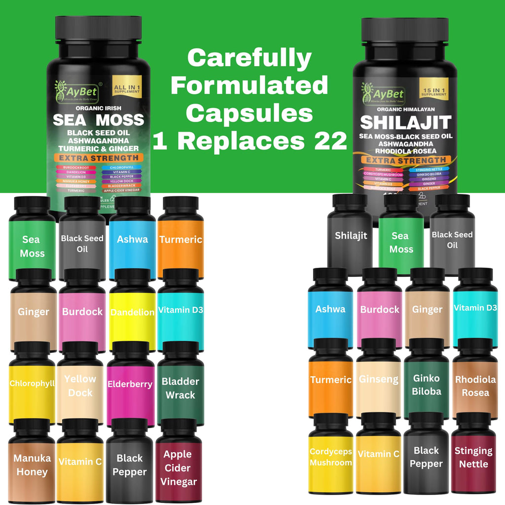AyBet Sea Moss & Himalayan Shilajit Supplement Combo–Herbal Formula with Black Seed Oil, Ashwagandha, Rhodiola, Turmeric, Ginger – Mineral, Antioxidant Support–Organic, Halal, Vegan Capsules–240 Count
