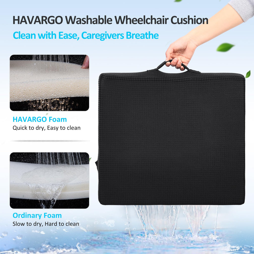 HAVARGO Washable Wheelchair Seat Cushions–Easy Maintenance Wheelchair Cushion That Reduces Caregiver Workload–Patented Anti-Sag Design with Anti-Slip Cover for Improved Comfort on Lower Back& Tailbone