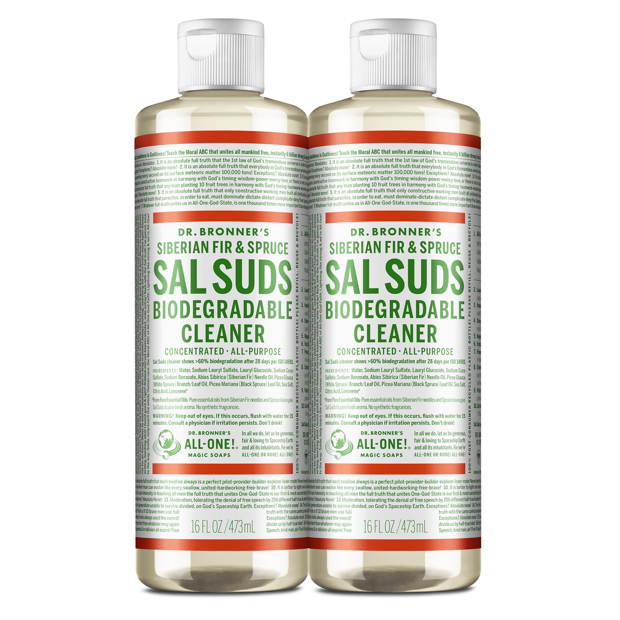 Dr. Bronner's Sal Suds Biodegradable Cleaner (16 Ounce, 2-Pack) – All Purpose Pine Mop Detergent for Floors, Laundry & Dishes, Multi Surface Concentrate, Heavy-Duty Degreaser