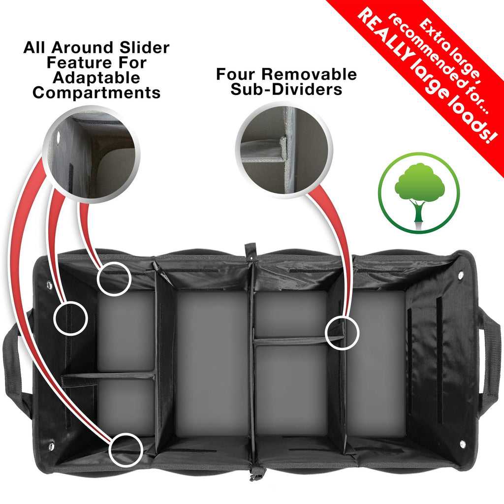 TRUNKCRATEPRO Extra Large Multi Compartments Collapsible Portable Trunk Organizer with Metal Hooks, Recommended for Really Large Loads Black Extra Large