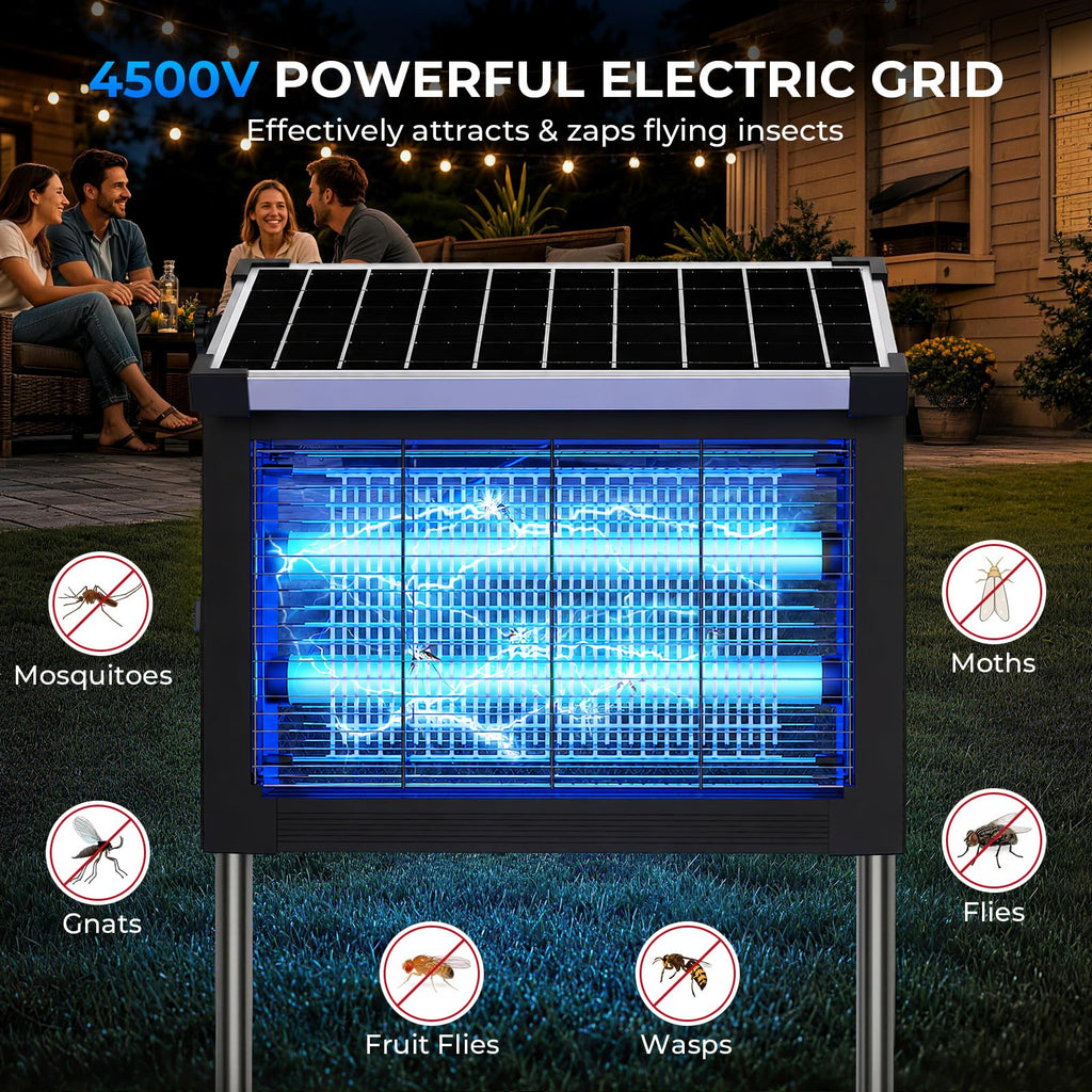 Solar Bug Zapper Outdoor, 4500V Waterproof Mosquito Zapper with 10W Solar Panel, Cordless Rechargeable Electric Fly Zapper, Mosquito Killer Lamp with Auto Sensor for Patio, Backyard, Garden, Camping